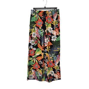 C&C California Black Linen Blend Tropical Wide Leg Pull on Crop Pants Women's M